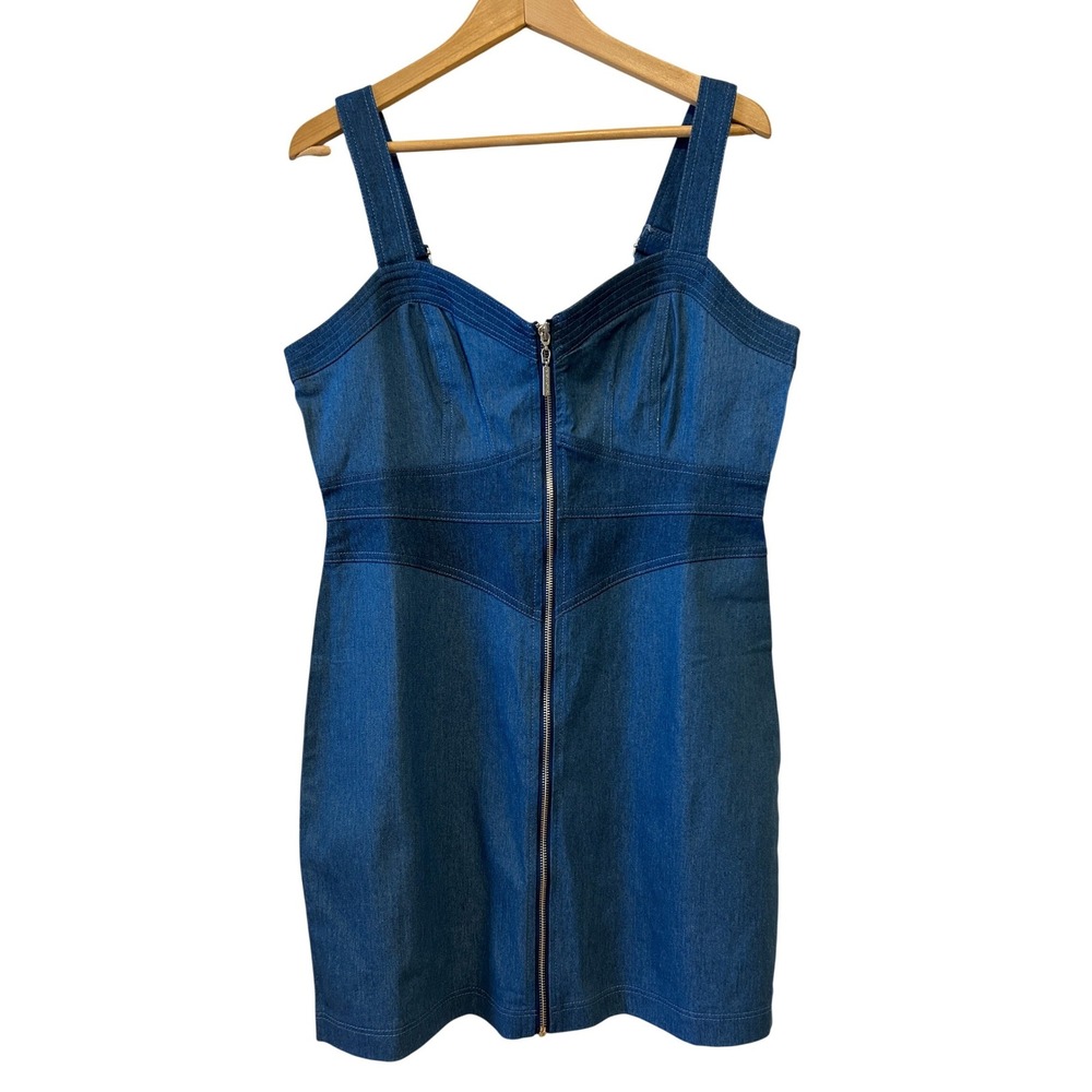 Betsey Johnson Denim Mini Dress Sz 12 Indigo Zip Front Stretch Western Rodeo NEW